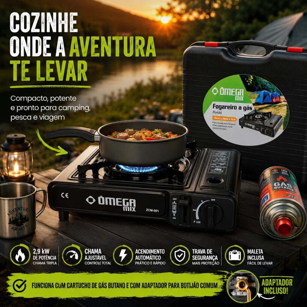 Fogareiro a Gás Portátil Automático Preto Ômega