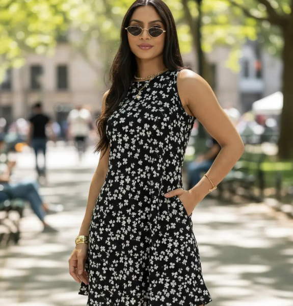 Vestido Estampado Em Ribana Canelada Com Bolso