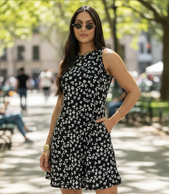 Vestido Estampado Em Ribana Canelada Com Bolso