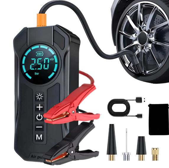 Kit Veícular Multifuncional 4 em 1: Power Bank 8kmah, Calibrador, Compressor Inflator e Bomba de Ar