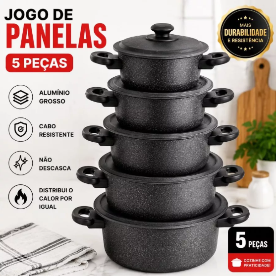 JOGO DE PANELA ALUMÍNIO 5 PEÇAS; NÃO DESCASCA; REFORÇADA; COZIMENTO RÁPIDO.