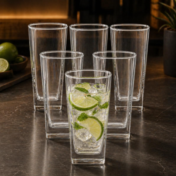 Jogo 6 Copos Vidro Texas 315 ml Design Quadrado Elegante Transparente