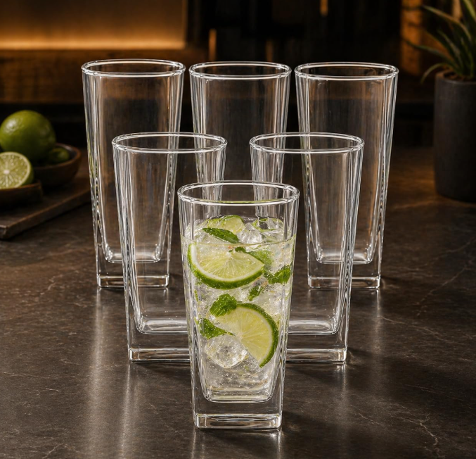 Jogo 6 Copos Vidro Texas 315 ml Design Quadrado Elegante Transparente