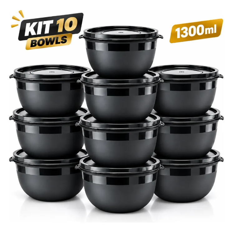 Kit 10 Bowl Preto 1300ml Com Tampa Potes Reforçados Cozinha