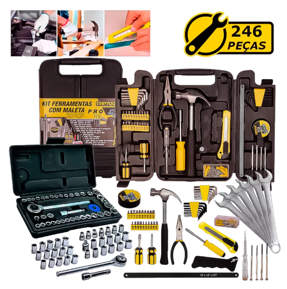 Kit Jogo De Ferramentas 246 Peças Soquetes Catraca Reversível Chaves Combinadas Multiuso Uso Geral