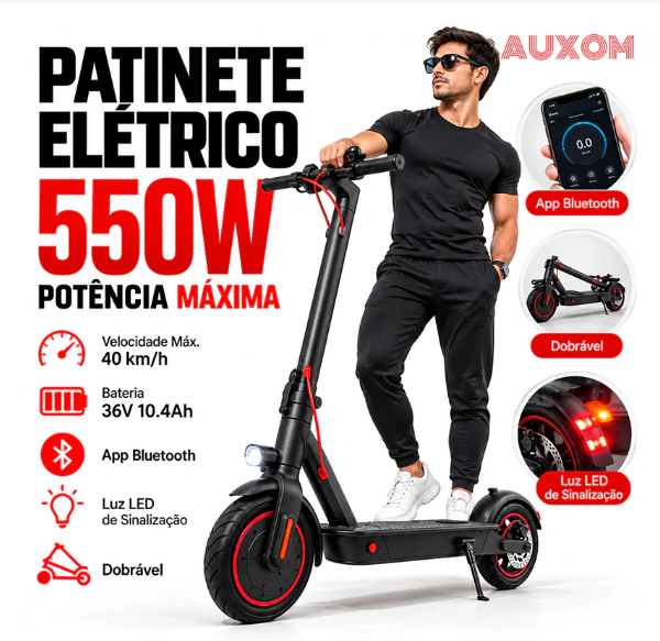 Patinete Elétrico Scooter 550W Dobrável com App Bluetooth e Luz LED de Sinalização