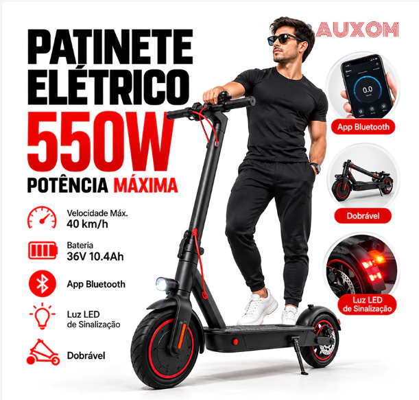 Patinete Elétrico Scooter 550W Dobrável com App Bluetooth e Luz LED de Sinalização