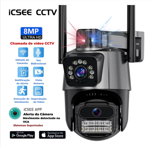 JL PROTEC 4K 8MP Câmera de Segurança 2 Lentes Com Audio e Microfone Câmera 355 Graus Wifi