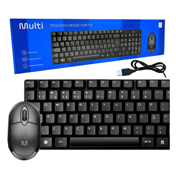 Kit Teclado E Mouse Usb Com Fio Basico Preto Multilaser Slim
