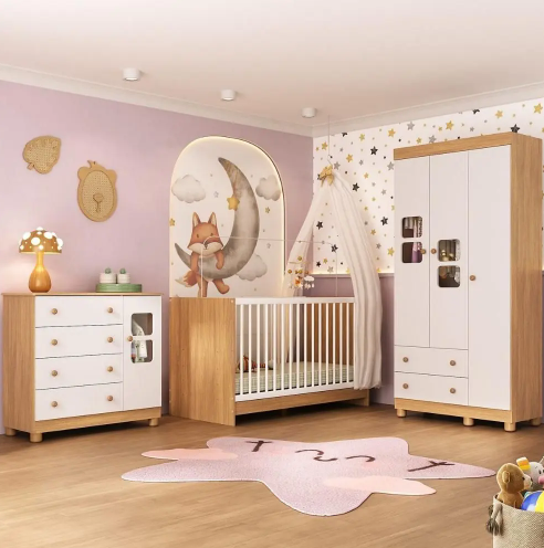 Quarto de Bebê Completo com Berço 3 em 1 para Colchão 130x60cm Sol Multimóveis MP4526