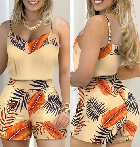 Conjunto feminino definem tops de cinta de espaguete boho floral estampa casual Verão