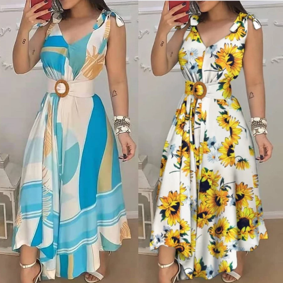 Vestido Longo Feminino Floral Boho Estampado Cinto Balanço Sem Mangas Com Decote Em V