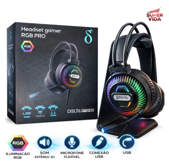 Headset Gamer 7.1 Surround Rgb Delta-f7140 Com Microfone Para Pc E Console