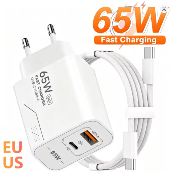 Carregador GaN de 65 W com 2 portas USB+USB-C