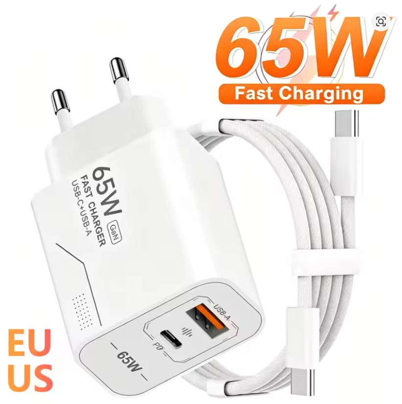 Carregador GaN de 65 W com 2 portas USB+USB-C