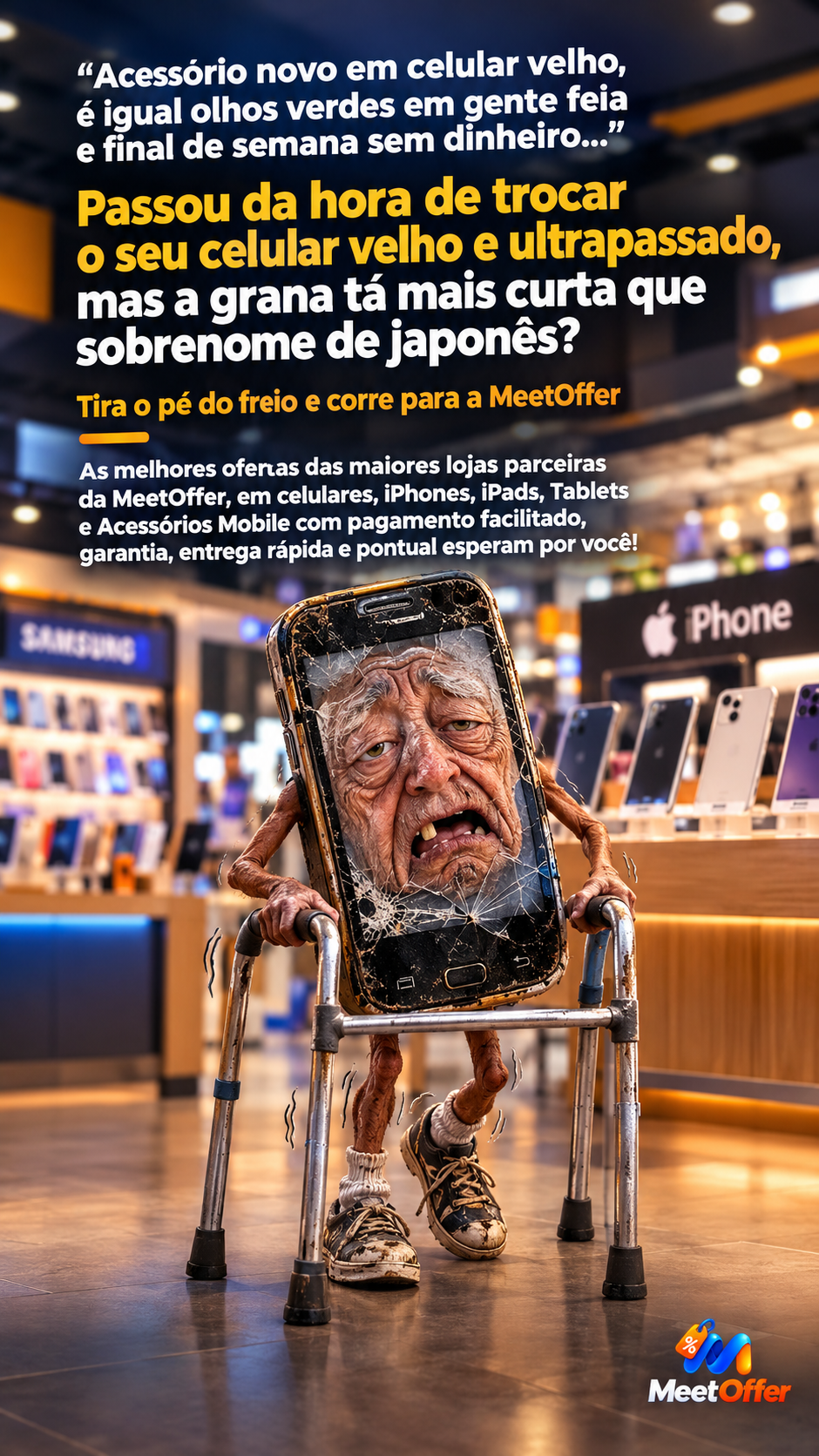 Banner promocional MeetOffer — ofertas de celulares e iPhones